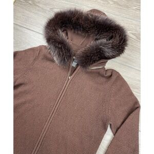 Saks Fifth Avenue Women's 100% Cashmere Blue Fox Hood Full Zip Sweater Brown LG‎